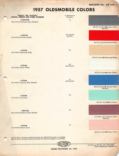 57 59 OLDSMOBILE Original Paint Chips Color Codes Samples 5 Pages DUPONT