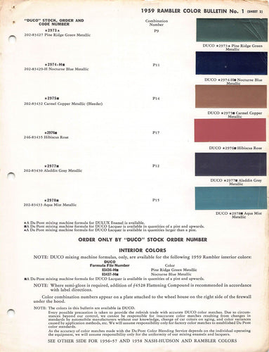 1959 RAMBLER Original Paint Chips Color Codes Samples 2 Pages DUPONT