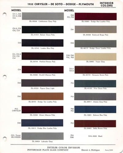 50-52 & 54 CHRYSLER Original Paint Chips Color Samples 4 Pages DITZLER PPG