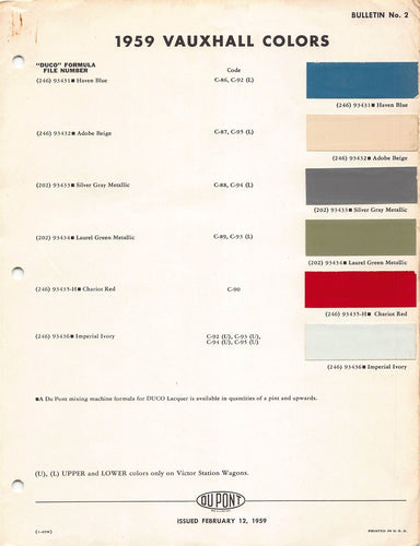 59 VAUXHALL Original Paint Chips Color Codes Samples 1 Pages DUPONT