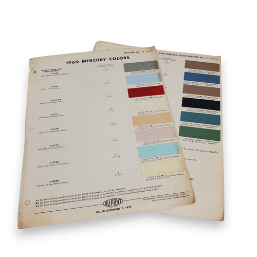 60 1960 MERCURY Original Paint Chips Color Samples 2 Pages DUPONT