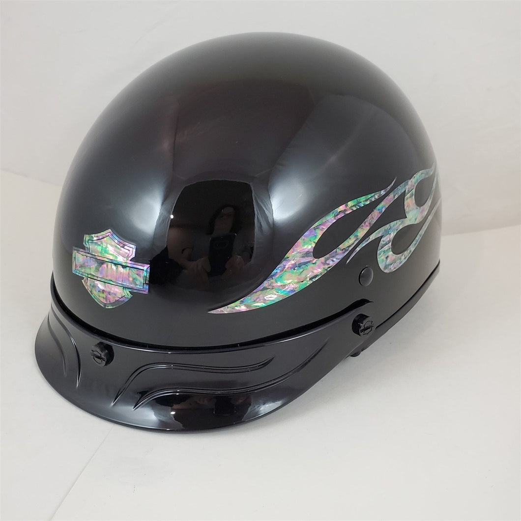 M Medium Harley Davidson Half Helmet Gloss Black w/Raised Mother of Pearl Flames