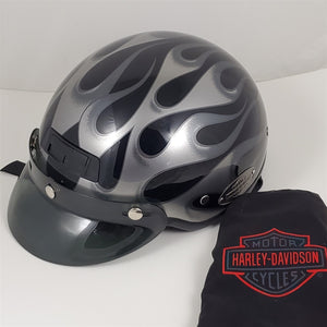 Harley Davidson Motorcycle Half Helmet DJ HD Black Silver Flames Size L