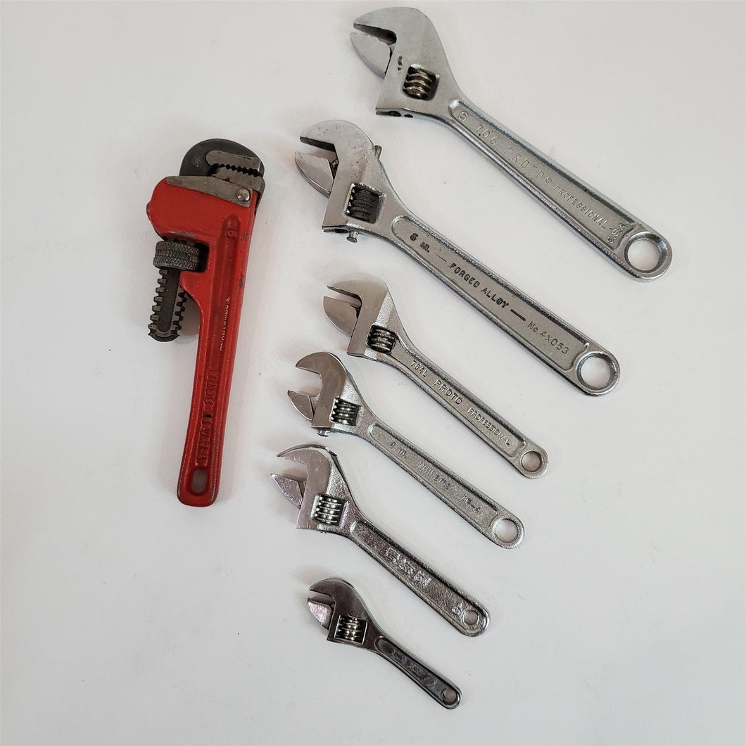 Lot of 7 Mixed Brand Adjustable Wrenches and Proto Armstrong...Small Pipe Wrench