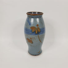Load image into Gallery viewer, Blue Pottery Vase w/ Flowers Glazed Inside and Out 8-3/8 inches tall