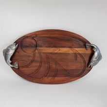 Load image into Gallery viewer, Bruce Fox Oval Wood Cutting Serving Tray w/Juice Groove Metal Fish Handles