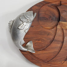 Load image into Gallery viewer, Bruce Fox Oval Wood Cutting Serving Tray w/Juice Groove Metal Fish Handles