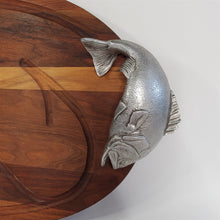 Load image into Gallery viewer, Bruce Fox Oval Wood Cutting Serving Tray w/Juice Groove Metal Fish Handles