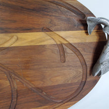 Load image into Gallery viewer, Bruce Fox Oval Wood Cutting Serving Tray w/Juice Groove Metal Fish Handles
