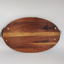 Load image into Gallery viewer, Bruce Fox Oval Wood Cutting Serving Tray w/Juice Groove Metal Fish Handles