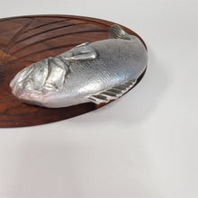 Load image into Gallery viewer, Bruce Fox Oval Wood Cutting Serving Tray w/Juice Groove Metal Fish Handles