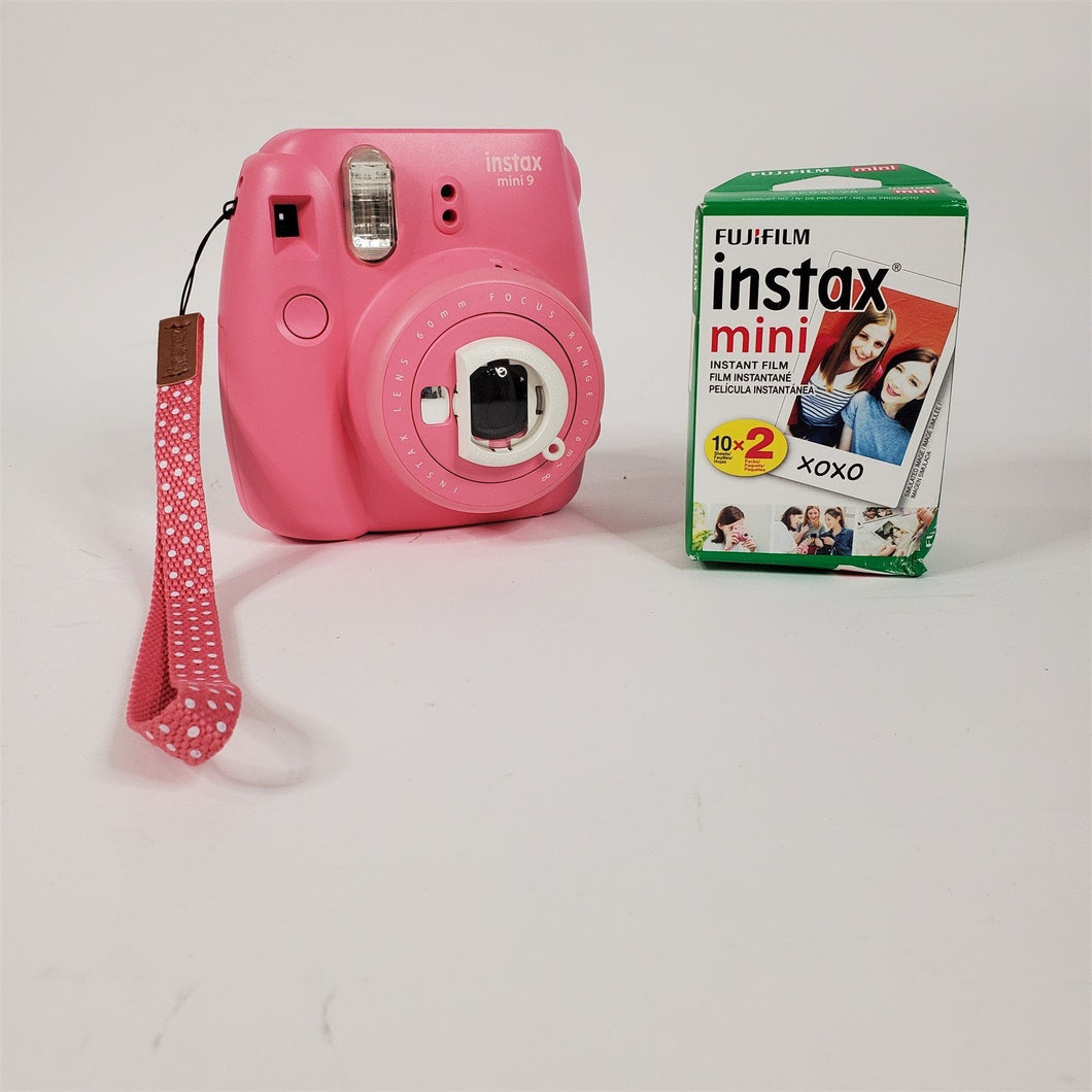 Instax Mini 9 Flamingo Pink w/ Close-Up Lens Attachment and Film (Expired)