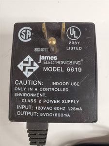 Vintage James Electronics Model 6619 Power Adapter - 5 VDC 600 mA