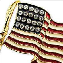 Load image into Gallery viewer, Huge Vintage Gold Tone Enamel Rhinestone US Flag Patriotic Brooch Pin 3-1/4"