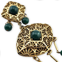 Load image into Gallery viewer, Vintage Antiqued Gold Tone Filigree Green Cabochon Bead Dangle Brooch Pin 5-3/8"