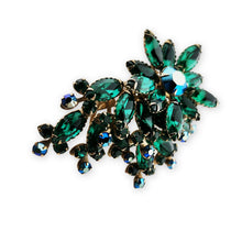 Load image into Gallery viewer, Vintage Gold Tone Green Navette Blue AB Rhinestone Flower Spray Brooch Pin 3"