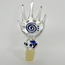 Load image into Gallery viewer, Payton Flameworks handblown clear glass/blue swirl and dots "hand" bottlestopper
