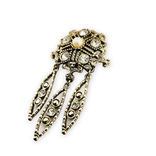 Load image into Gallery viewer, Vintage Antiqued Gold Tone Filigree Rhinestone Faux Pearl Dangle Brooch Pin 3"