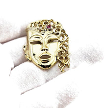 Load image into Gallery viewer, Vintage Gold Tone Theater Mask Pink Rhinestone Tie Tack Lapel Pin 1-5/8"