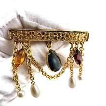 Load image into Gallery viewer, Vintage Gold Tone Filigree Glass Faux Pearl Chain Dangle Bar Brooch Pin 2-3/4"