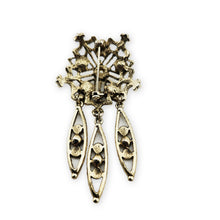 Load image into Gallery viewer, Vintage Antiqued Gold Tone Filigree Rhinestone Faux Pearl Dangle Brooch Pin 3"