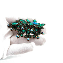 Load image into Gallery viewer, Vintage Gold Tone Green Navette Blue AB Rhinestone Flower Spray Brooch Pin 3"