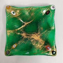 Load image into Gallery viewer, Green Glass Dish Ashtray w/ Millefiori &amp; Gold Veining on Surface 4" x 4"