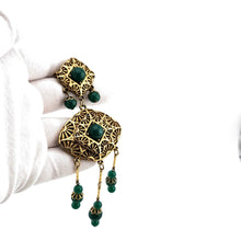 Load image into Gallery viewer, Vintage Antiqued Gold Tone Filigree Green Cabochon Bead Dangle Brooch Pin 5-3/8"