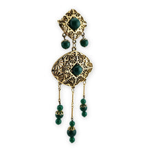 Load image into Gallery viewer, Vintage Antiqued Gold Tone Filigree Green Cabochon Bead Dangle Brooch Pin 5-3/8"