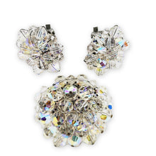 Load image into Gallery viewer, Vintage Clear AB Glass Bead Cluster Silver Tone Brooch and Clip On Earrings Set