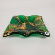 Load image into Gallery viewer, Green Glass Dish Ashtray w/ Millefiori &amp; Gold Veining on Surface 4" x 4"