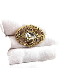 Load image into Gallery viewer, Vintage Gold Tone Openwork Filigree Oval Clear Rhinestone Brooch Pin 1-5/8"