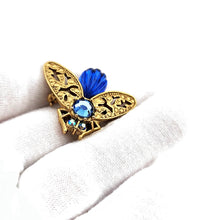 Load image into Gallery viewer, Vintage Gold Tone Jelly Belly Cobalt Blue Glass Rhinestone Bee Brooch Pin 1-1/2"