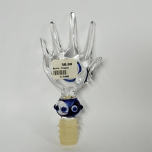 Load image into Gallery viewer, Payton Flameworks handblown clear glass/blue swirl and dots "hand" bottlestopper