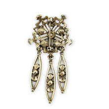 Load image into Gallery viewer, Vintage Antiqued Gold Tone Filigree Rhinestone Faux Pearl Dangle Brooch Pin 3"