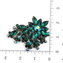 Load image into Gallery viewer, Vintage Gold Tone Green Navette Blue AB Rhinestone Flower Spray Brooch Pin 3"