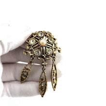 Load image into Gallery viewer, Vintage Antiqued Gold Tone Filigree Rhinestone Faux Pearl Dangle Brooch Pin 3"