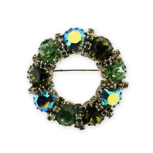 Load image into Gallery viewer, Vintage Green AB Rhinestone Gold Tone Wreath Brooch and Clip On Earrings Set