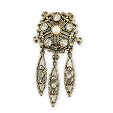 Load image into Gallery viewer, Vintage Antiqued Gold Tone Filigree Rhinestone Faux Pearl Dangle Brooch Pin 3"