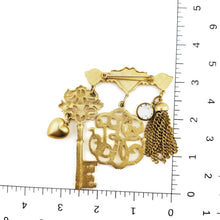 Load image into Gallery viewer, Vintage Gold Tone Monogram Key Heart Rhinestone Tassel Charm Brooch Pin 3-1/4"