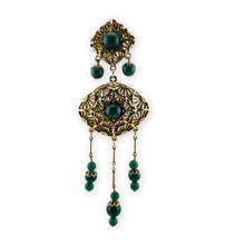 Load image into Gallery viewer, Vintage Antiqued Gold Tone Filigree Green Cabochon Bead Dangle Brooch Pin 5-3/8"