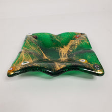 Load image into Gallery viewer, Green Glass Dish Ashtray w/ Millefiori &amp; Gold Veining on Surface 4" x 4"