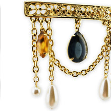 Load image into Gallery viewer, Vintage Gold Tone Filigree Glass Faux Pearl Chain Dangle Bar Brooch Pin 2-3/4"