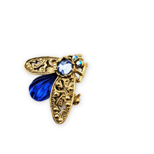 Load image into Gallery viewer, Vintage Gold Tone Jelly Belly Cobalt Blue Glass Rhinestone Bee Brooch Pin 1-1/2"