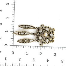 Load image into Gallery viewer, Vintage Antiqued Gold Tone Filigree Rhinestone Faux Pearl Dangle Brooch Pin 3"