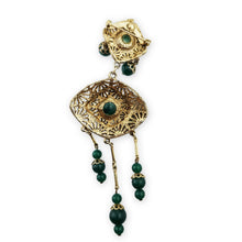Load image into Gallery viewer, Vintage Antiqued Gold Tone Filigree Green Cabochon Bead Dangle Brooch Pin 5-3/8"