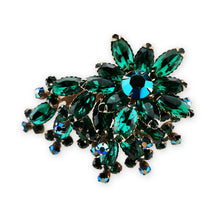 Load image into Gallery viewer, Vintage Gold Tone Green Navette Blue AB Rhinestone Flower Spray Brooch Pin 3"