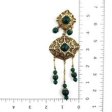 Load image into Gallery viewer, Vintage Antiqued Gold Tone Filigree Green Cabochon Bead Dangle Brooch Pin 5-3/8"