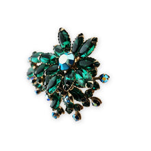 Load image into Gallery viewer, Vintage Gold Tone Green Navette Blue AB Rhinestone Flower Spray Brooch Pin 3"