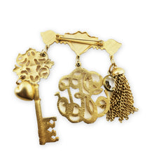 Load image into Gallery viewer, Vintage Gold Tone Monogram Key Heart Rhinestone Tassel Charm Brooch Pin 3-1/4"